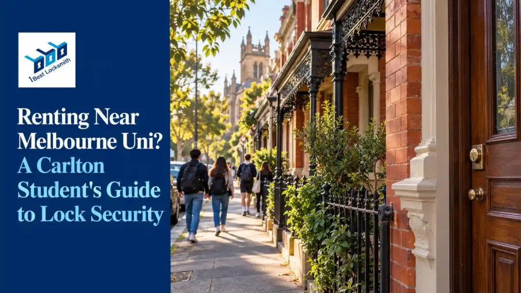 Students walking past Carlton Victorian terraces, with a deadlock visible on a timber front door