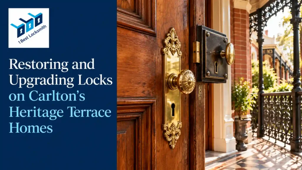 Brass door hardware and rimlock on a timber front door at a Victorian terrace in Carlton, Melbourne