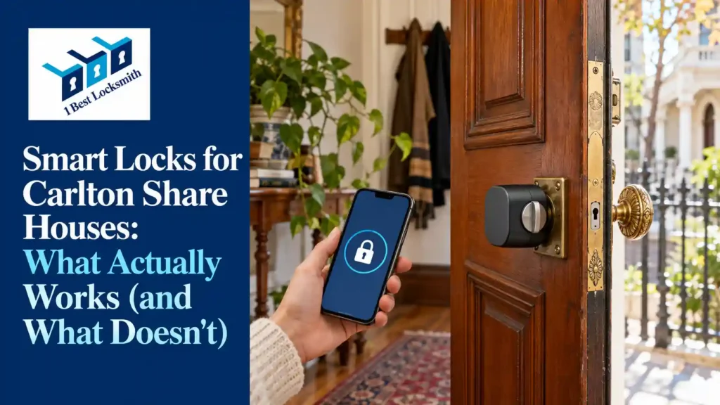 Retrofit smart lock on the inside of a Carlton terrace door, with period brass hardware and a phone showing lock controls